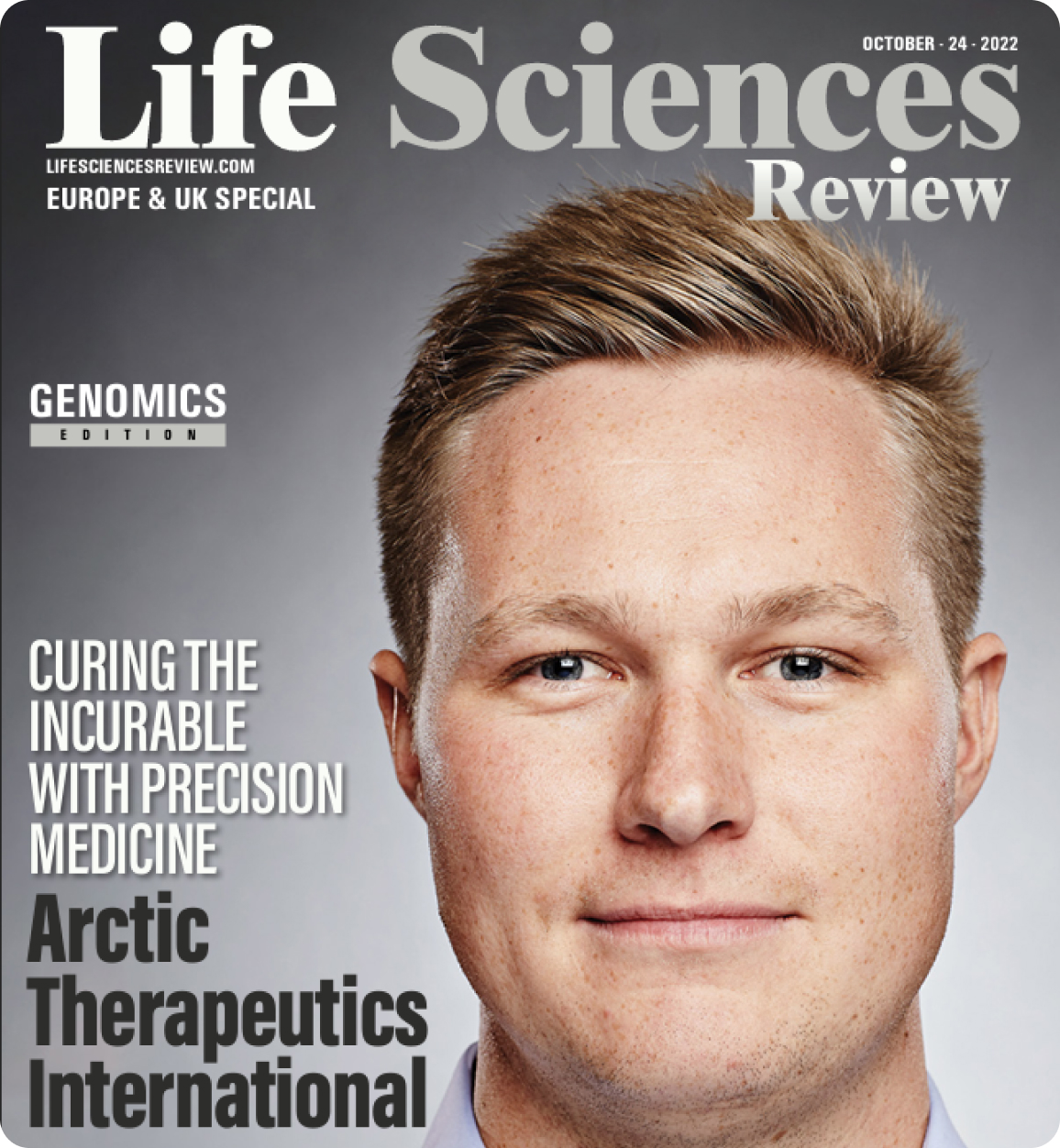 front page of the life science review magazine featuring Ívar Hákonarsson co founder of arctic therapeutics